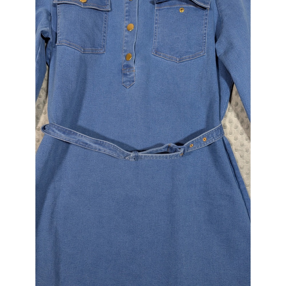 Tuckernuck Indigo Denim Lexi Dress Womens XL Blue Gold Snap Stretch Belted EUC - Picture 8 of 16